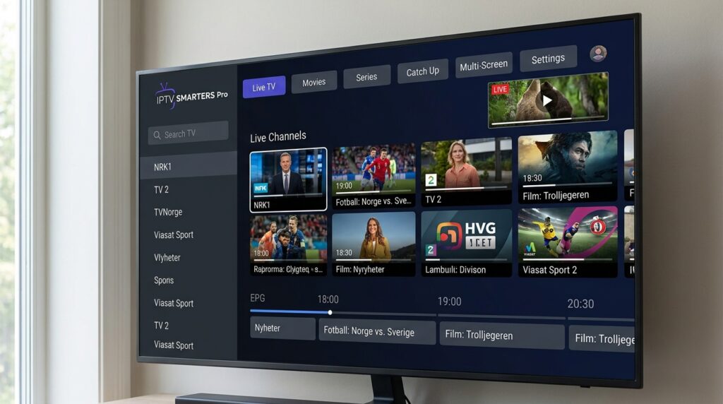 iptv smarters pro hovedskjerm med kanalliste og EPG-guide på Android TV