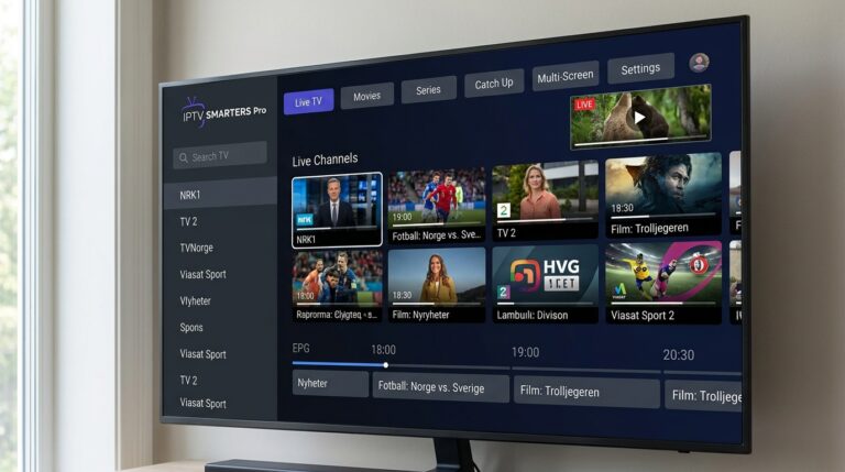 iptv smarters pro hovedskjerm med kanalliste og EPG-guide på Android TV