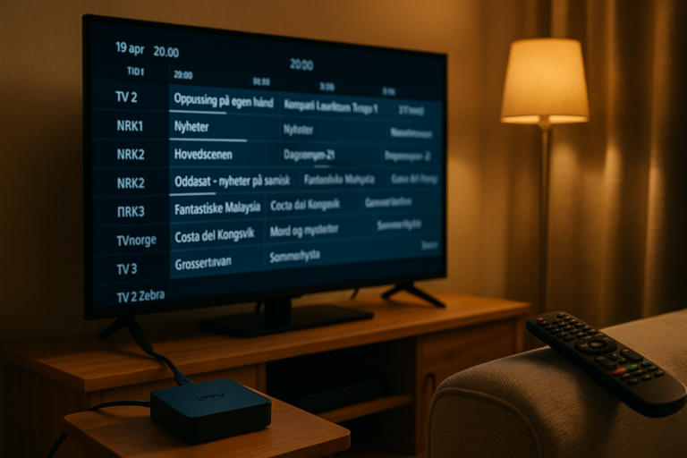 iptv box koblet til TV med EPG-skjerm som viser norske kanaler og programoversikt