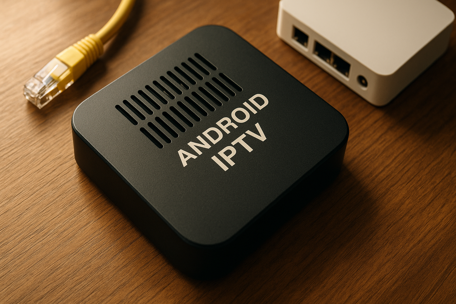iptv box sett ovenfra på skrivebord ved siden av nettverkskabel med fokus på ventilasjonsdetaljer