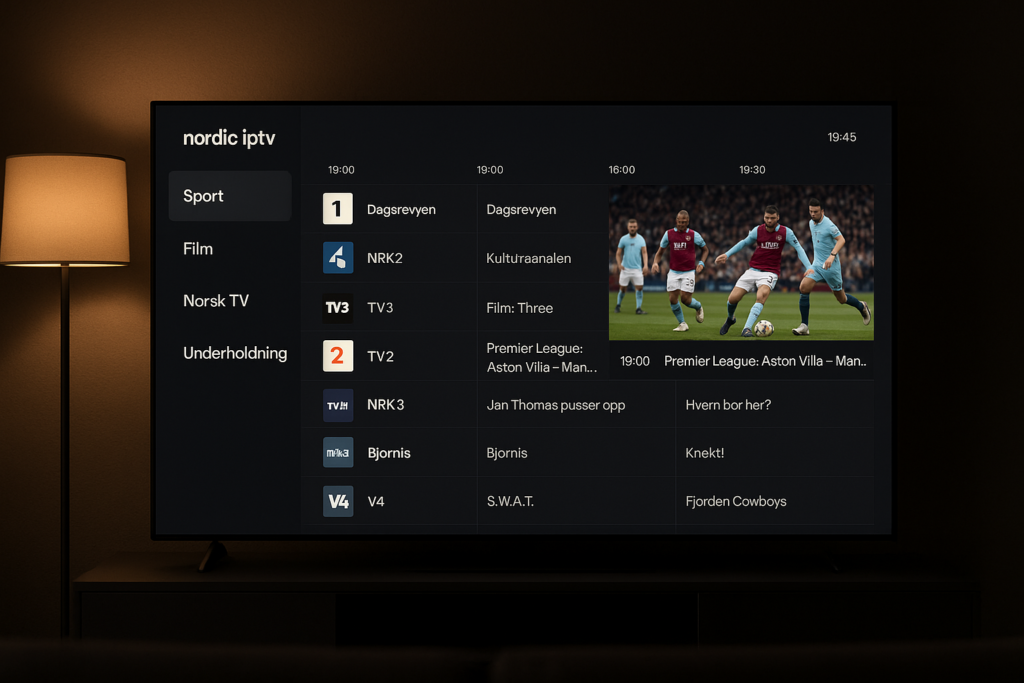 nordic iptv​ — nordic iptv kanalvalg og EPG-grensesnitt vist på stor flatskjerm-TV i stue