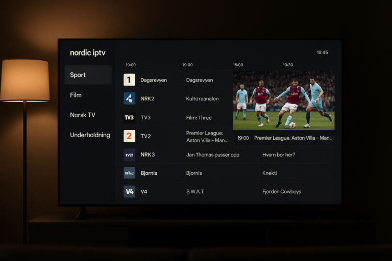 nordic iptv​ — nordic iptv kanalvalg og EPG-grensesnitt vist på stor flatskjerm-TV i stue