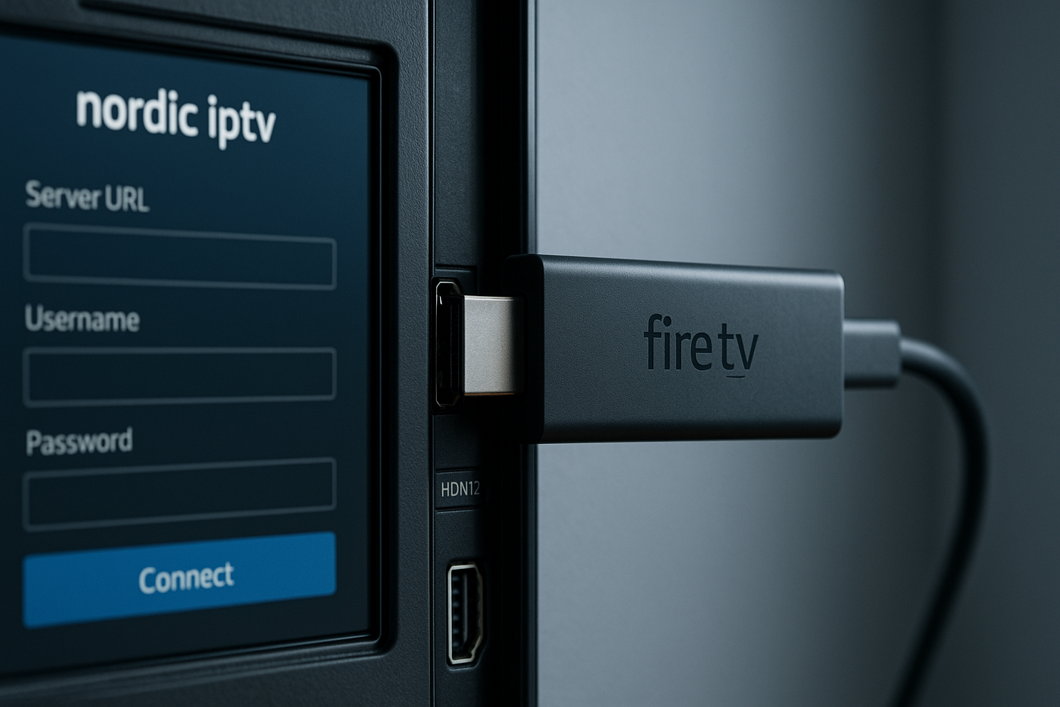 nordic iptv​ — nordic iptv innstillingsskjerm med Xtream Codes-oppsett på Fire TV Stick koblet til TV