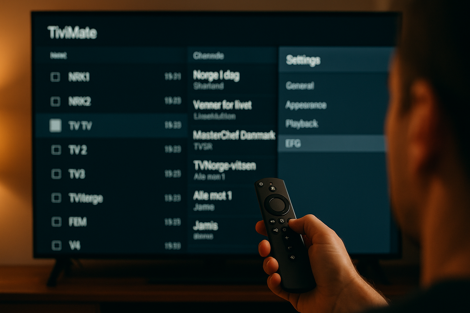 beste iptv norge kanal-liste i Tivimate-app på Fire TV Stick med EPG og innstillingsside åpen
