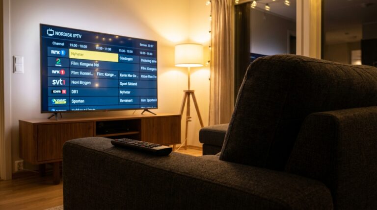 nordisk iptv​ — nordisk iptv kanaloversikt på stor flatskjerm-TV med skandinaviske kanaler i EPG-grensesnittet