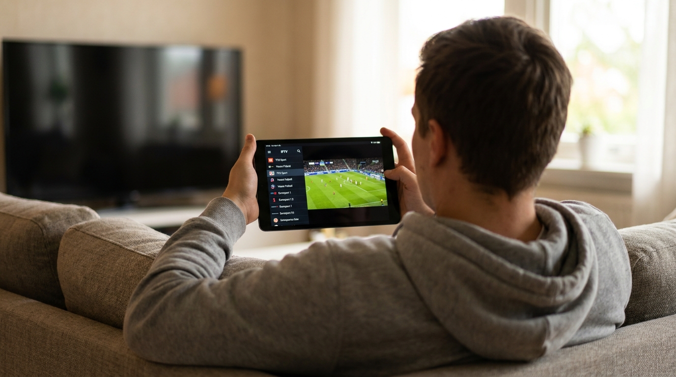 nordisk iptv​ — nordisk iptv app på smarttelefon med aktiv sportsstrøm og kanalliste i mørkt grensesnitt