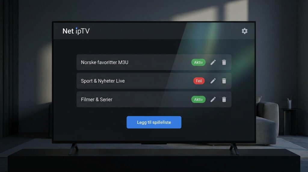 net iptv​ — net iptv app spilleliste-administrasjon med aktive og feilede M3U-oppføringer på Android TV