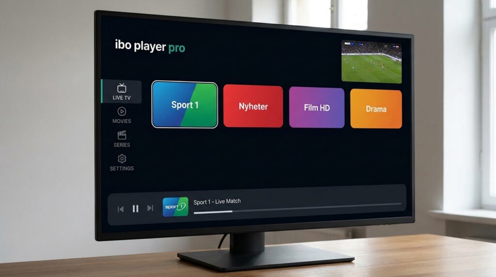 ibo player pro hovedskjerm med kanalgrid og kategorisidepanel for live TV