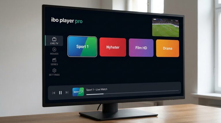 ibo player pro hovedskjerm med kanalgrid og kategorisidepanel for live TV