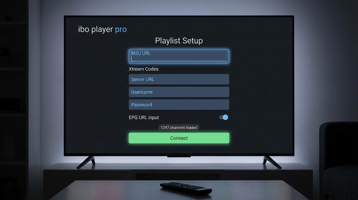 ibo player pro oppsettskjerm for M3U URL og Xtream Codes innlogging med EPG-felt